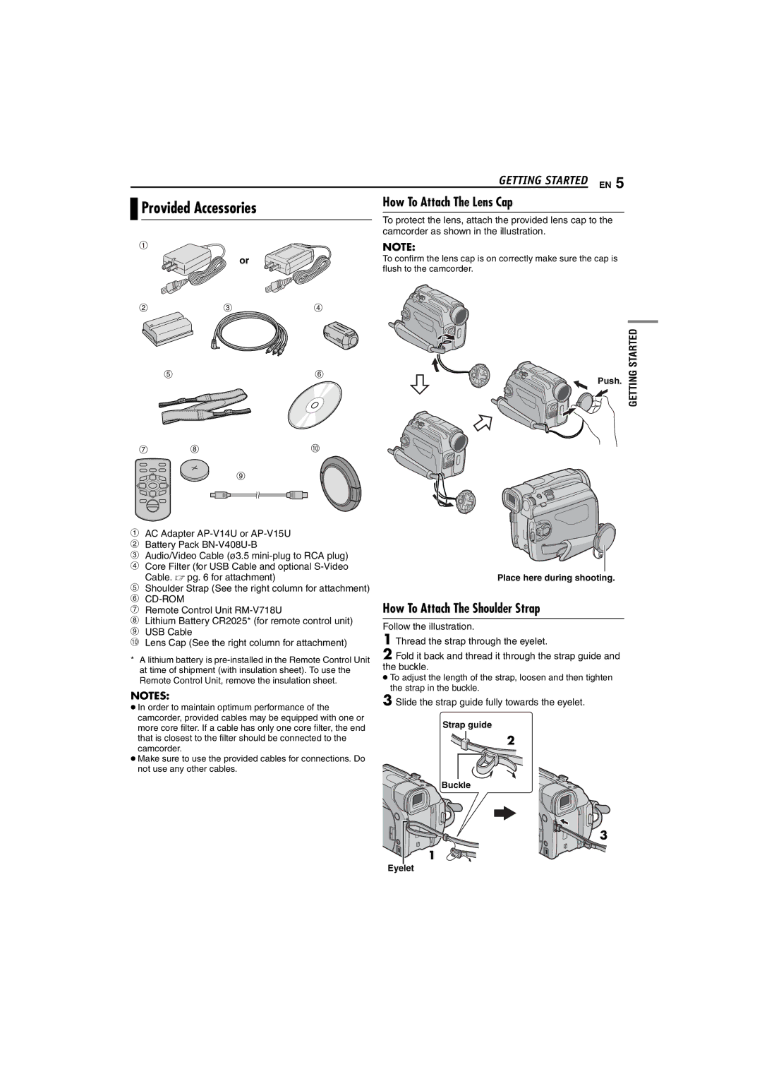 JVC GR-D72 manual Provided Accessories, Getting Started EN, How To Attach The Lens Cap, How To Attach The Shoulder Strap 