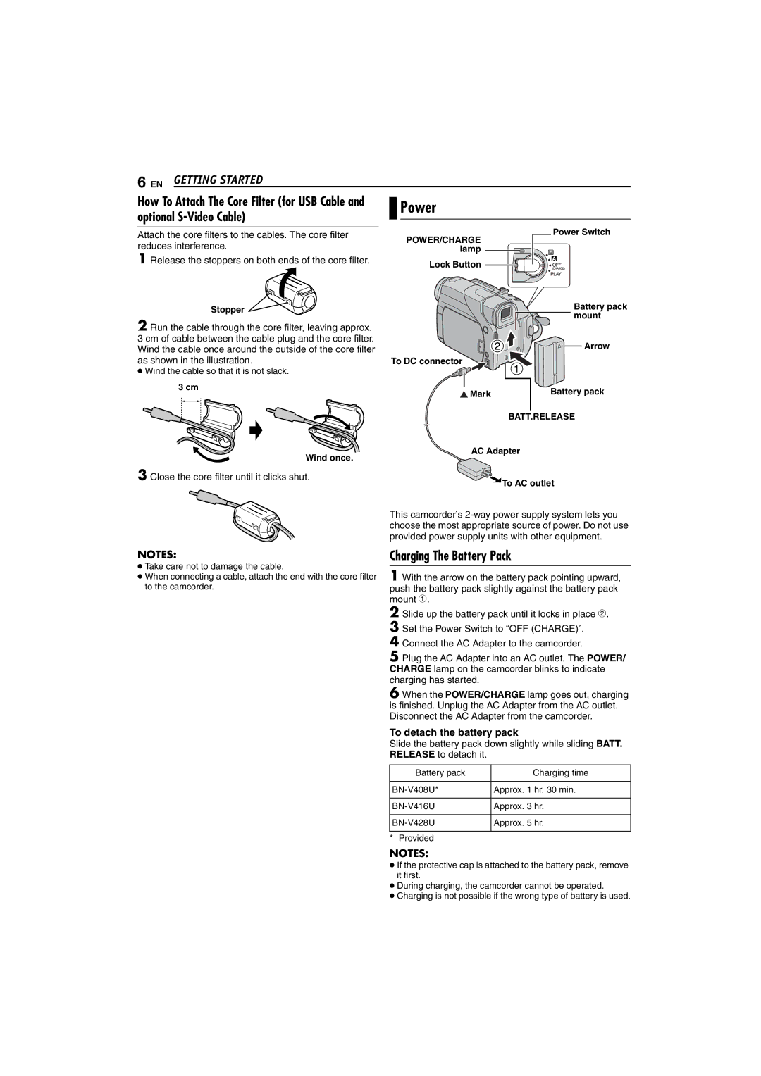 JVC GR-D72 manual Power, EN Getting Started, Charging The Battery Pack, Close the core filter until it clicks shut 