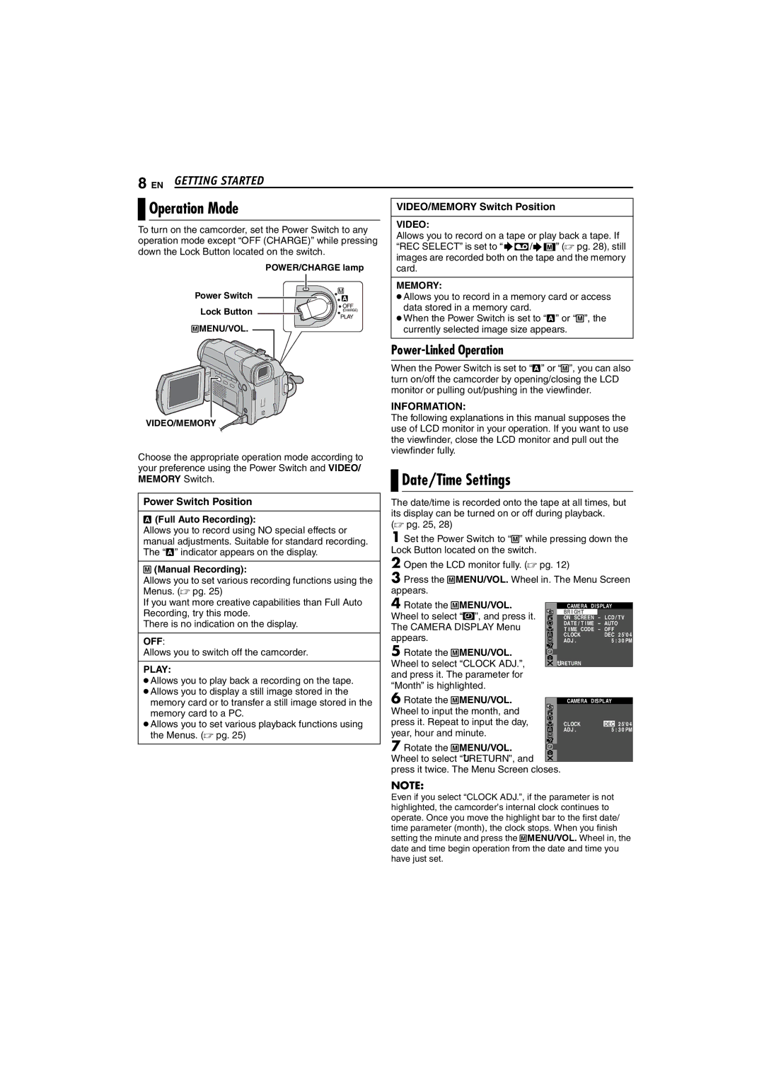 JVC GR-D72 manual Operation Mode, Date/Time Settings, Power-Linked Operation, Information 