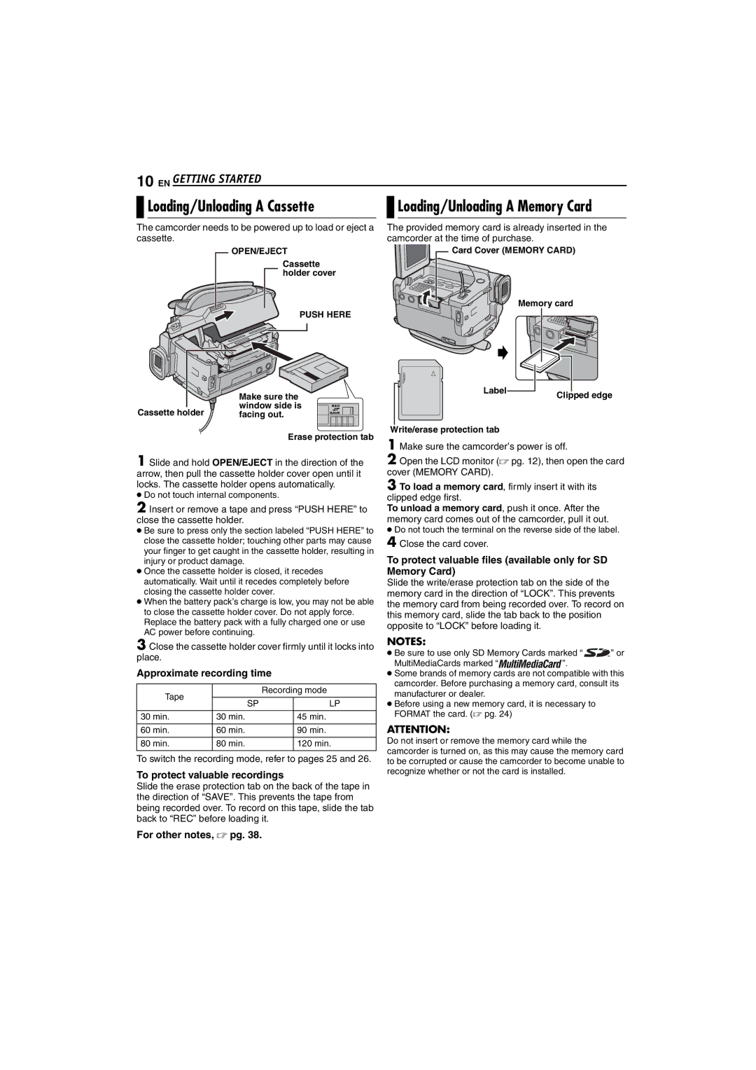 JVC GR-D74 Loading/Unloading a Cassette, To switch the recording mode, refer to pages 25, Close the card cover, Facing out 