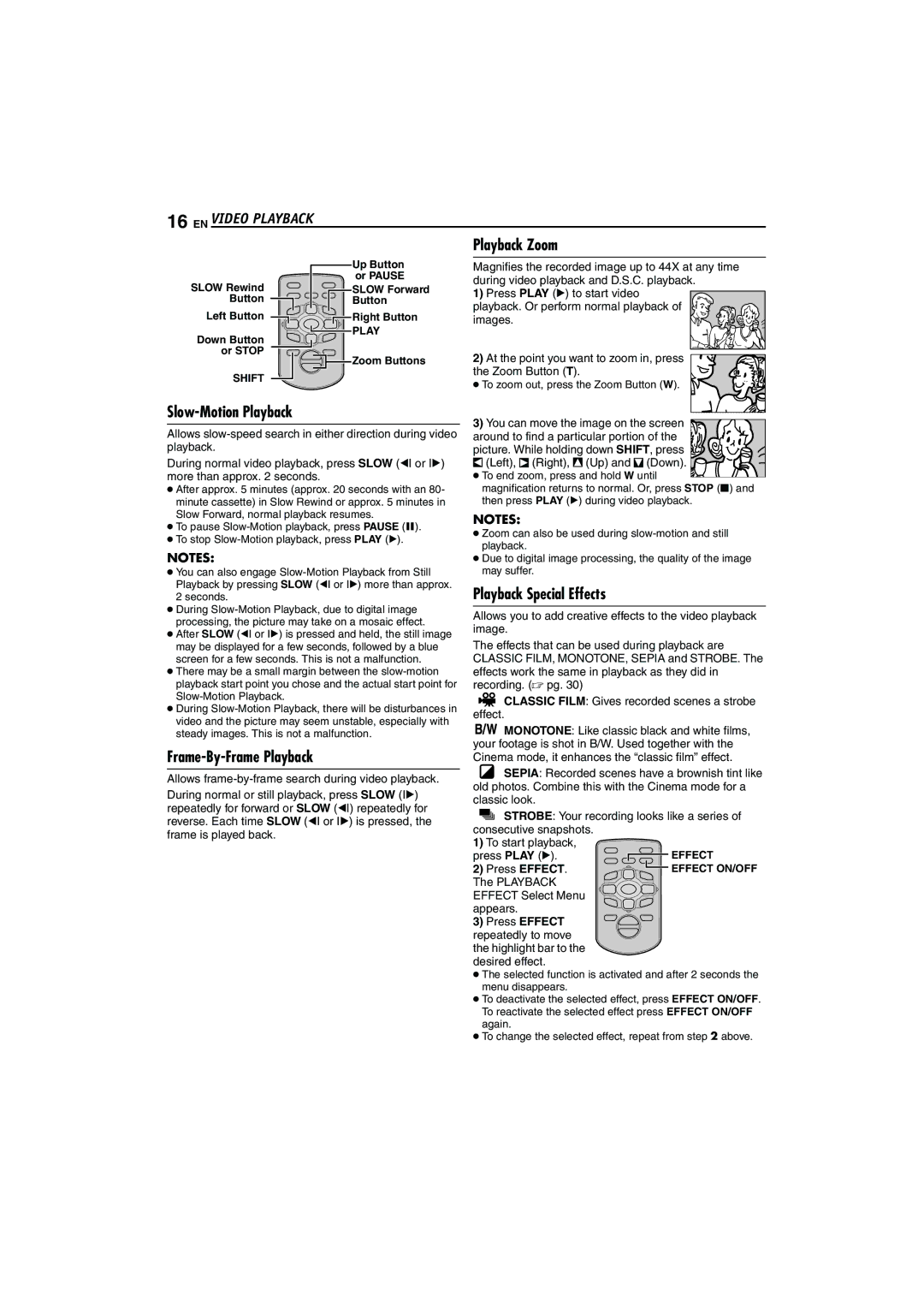JVC GR-D74 manual EN Video Playback, Playback Zoom, Slow-Motion Playback, Frame-By-Frame Playback, Playback Special Effects 