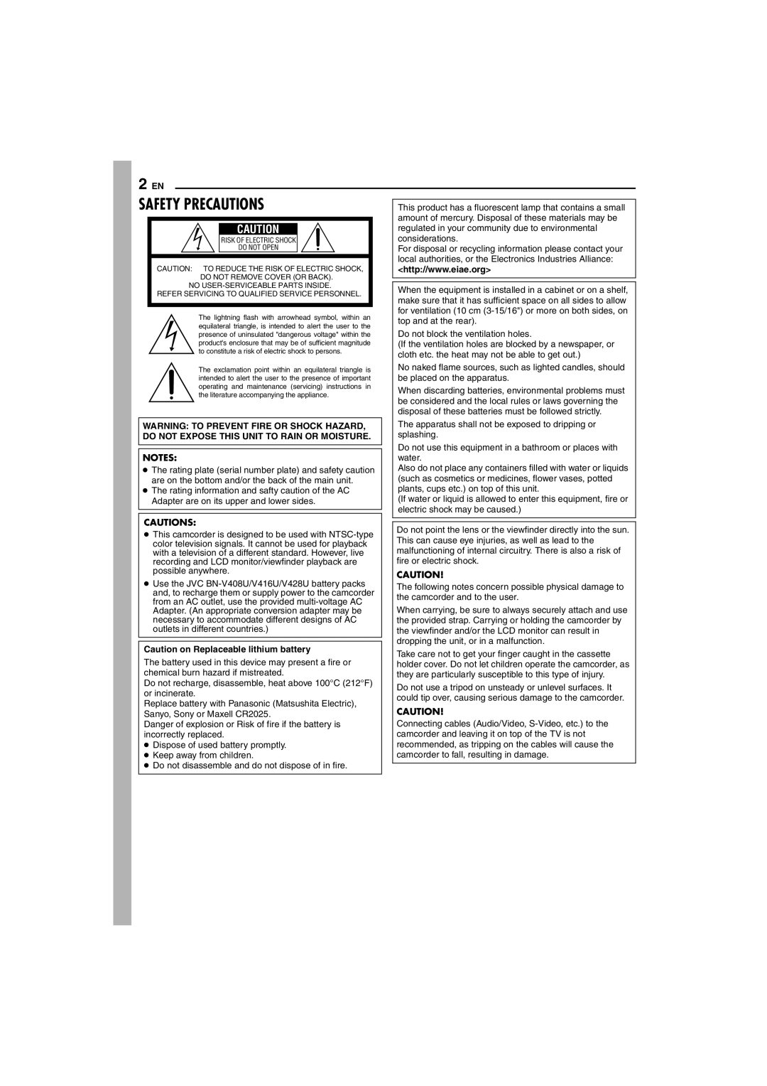 JVC GR-D74 manual Safety Precautions 