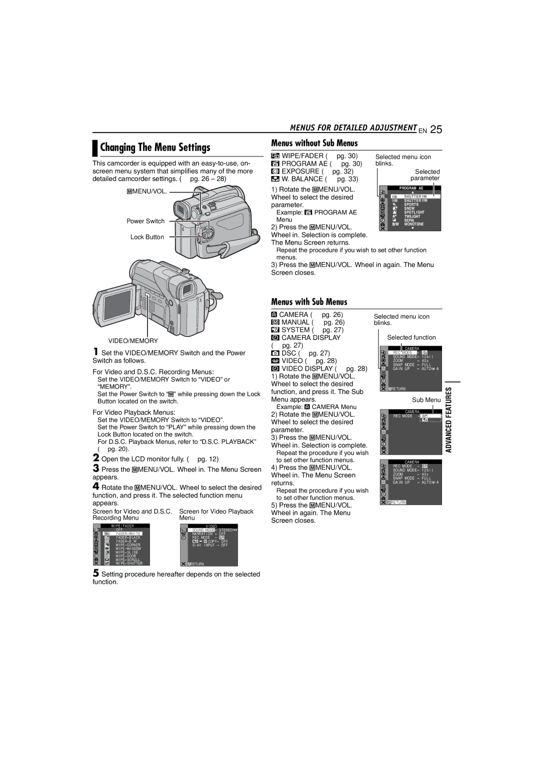 JVC GR-D74 manual Changing The Menu Settings, Menus without Sub Menus, Menus with Sub Menus, Features, Advanced 