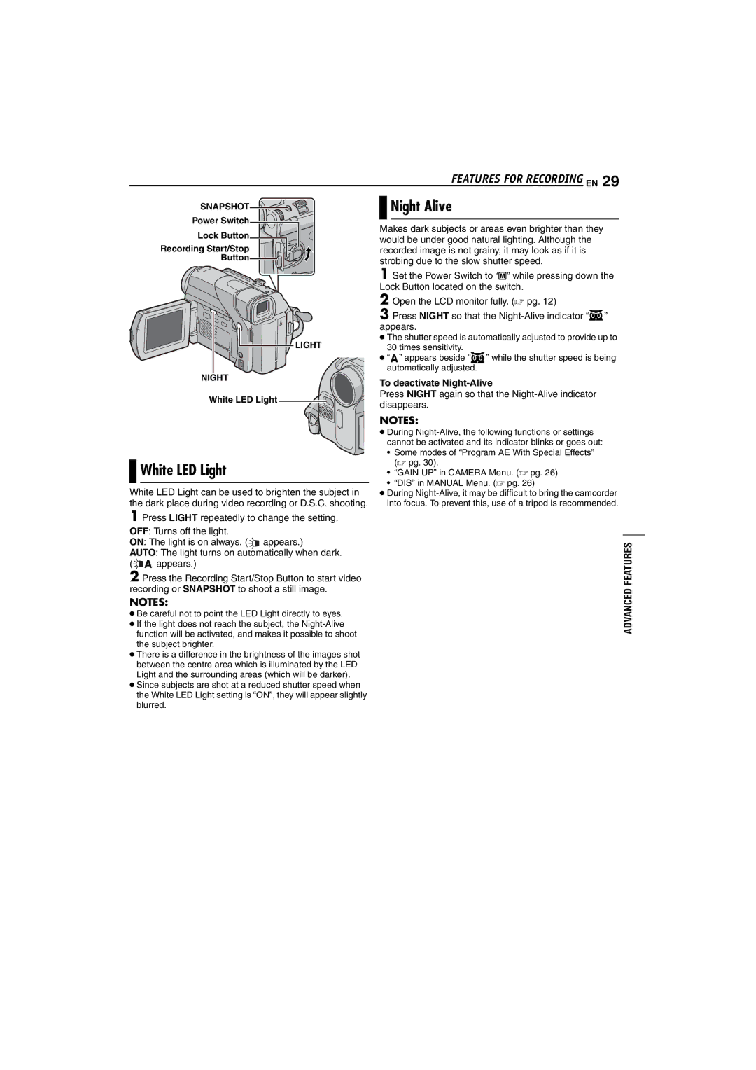 JVC GR-D74 manual Night Alive, White LED Light, To deactivate Night-Alive 