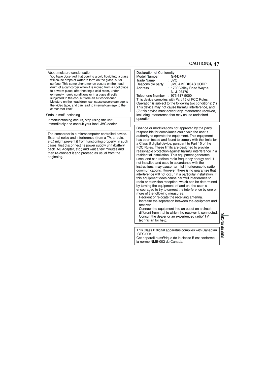 JVC GR-D74 manual About moisture condensation, Serious malfunctioning, Declaration of Conformity 