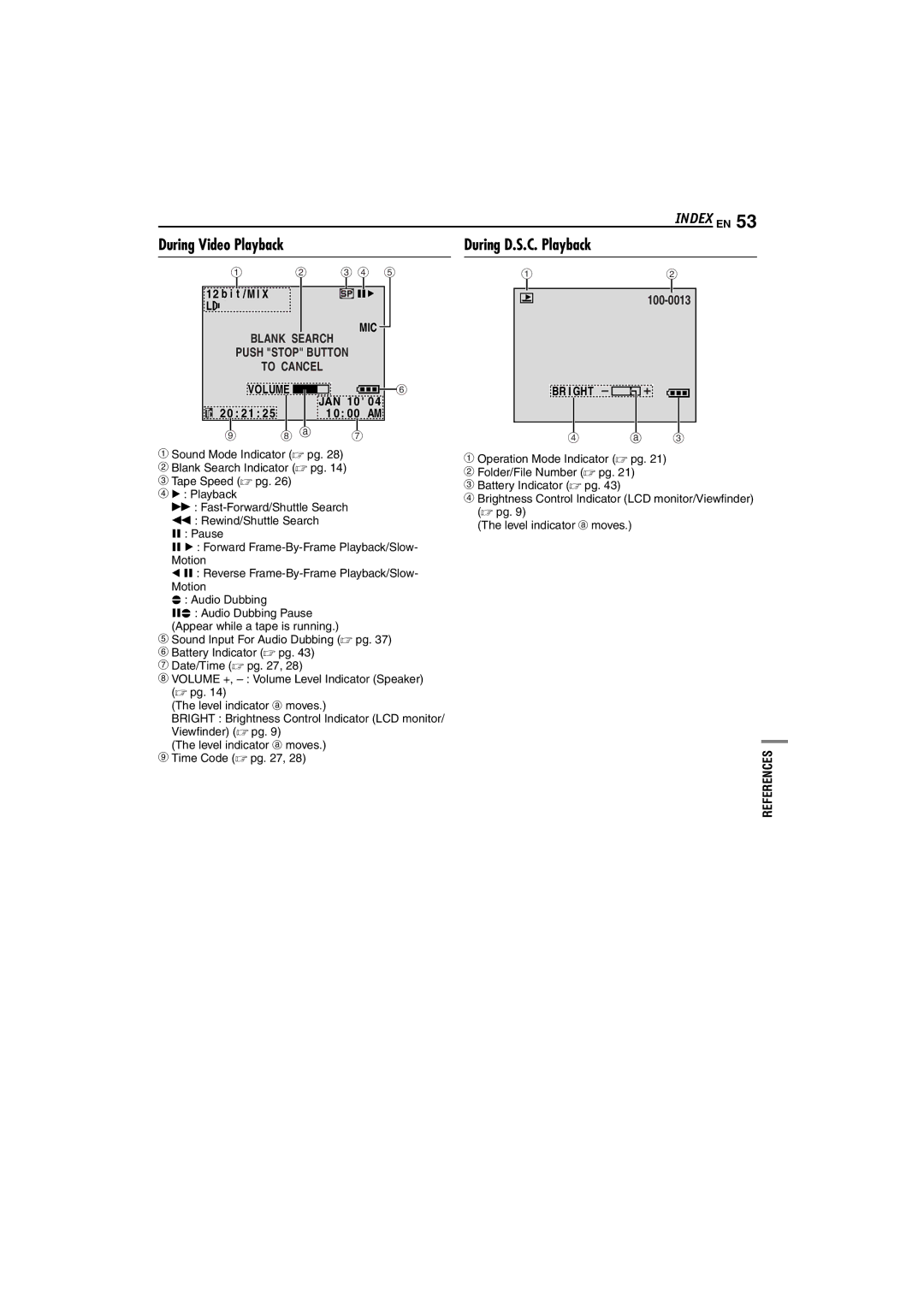 JVC GR-D74 manual During Video Playback During D.S.C. Playback, Blank Search Push Stop Button To Cancel, Mic, Br I Ght 