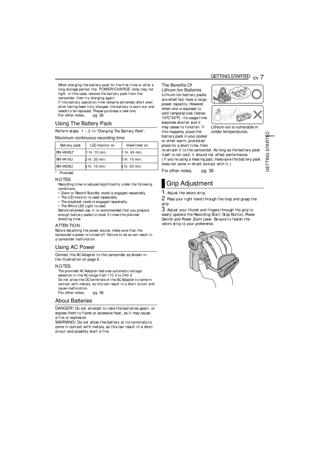 JVC GR-D74 manual Using The Battery Pack, Grip Adjustment, Using AC Power, About Batteries, Colder temperatures 