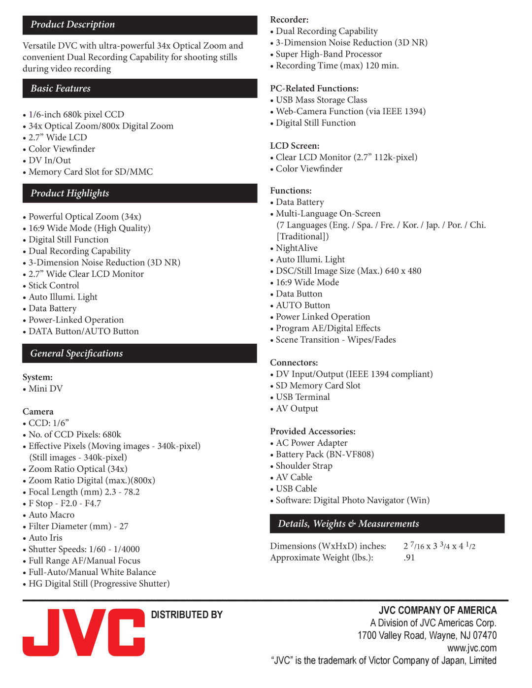 JVC GR-D770 manual Product Description, Basic Features, Product Highlights, General Speciﬁcations 