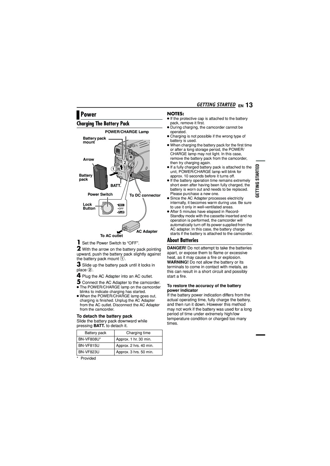 JVC GR-D790U manual About Batteries, To restore the accuracy of the battery, Power indicator 