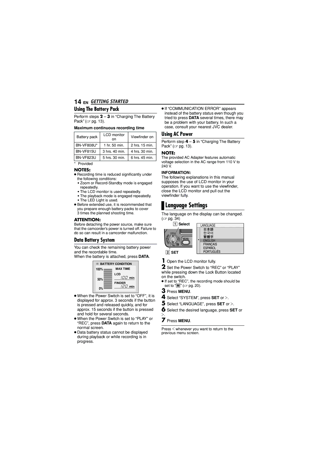 JVC GR-D790U manual Language Settings, Data Battery System, Maximum continuous recording time, Information 