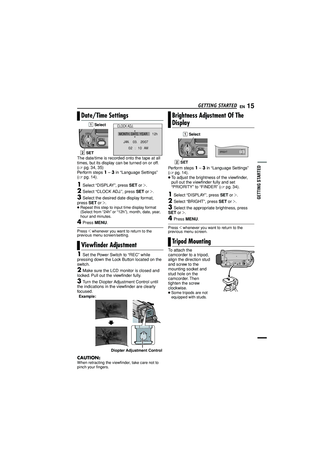 JVC GR-D790U manual Date/Time Settings, Viewﬁnder Adjustment, Tripod Mounting 