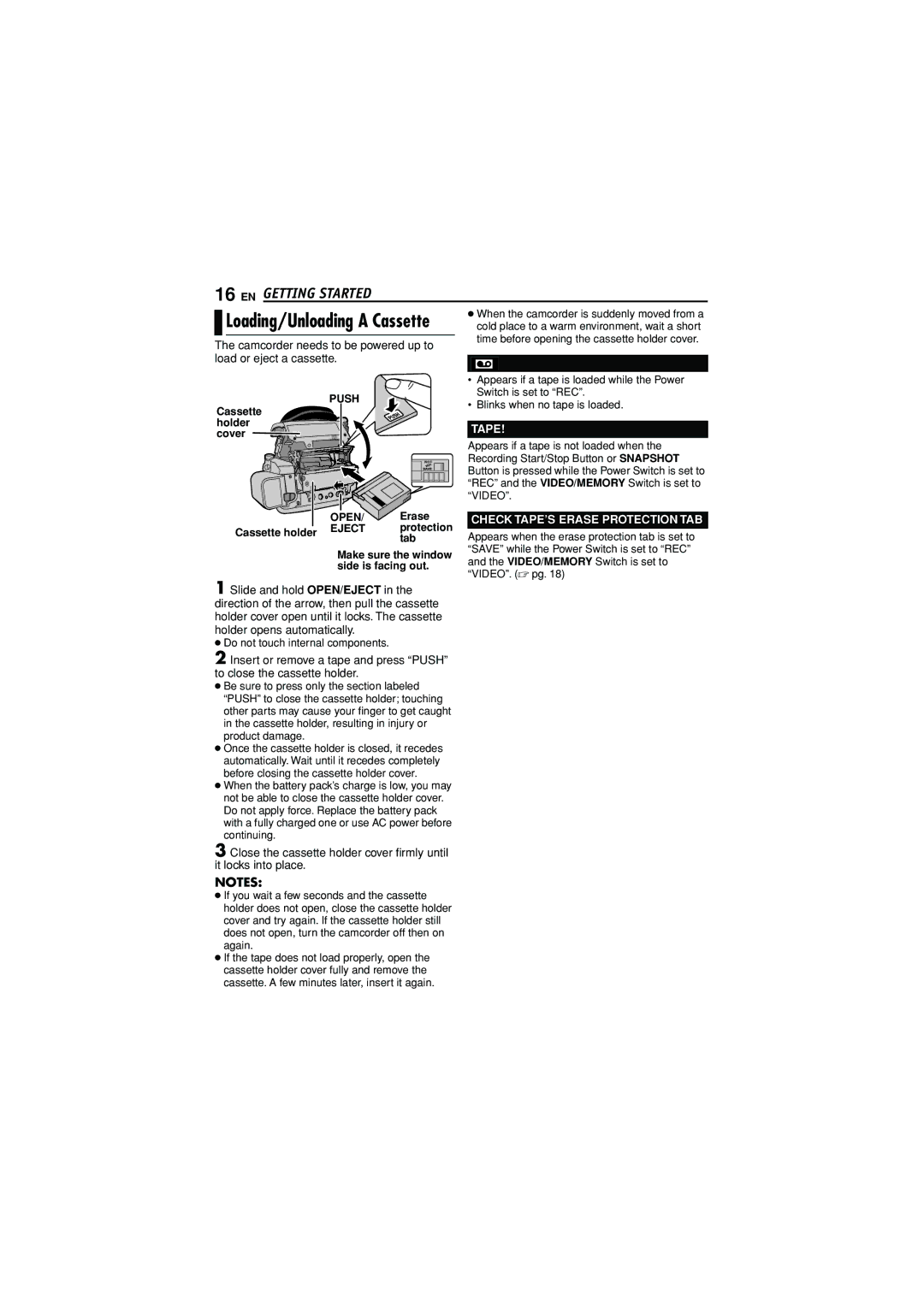JVC GR-D790U manual Tape, Check TAPE’S Erase Protection TAB, Cassette holder cover 