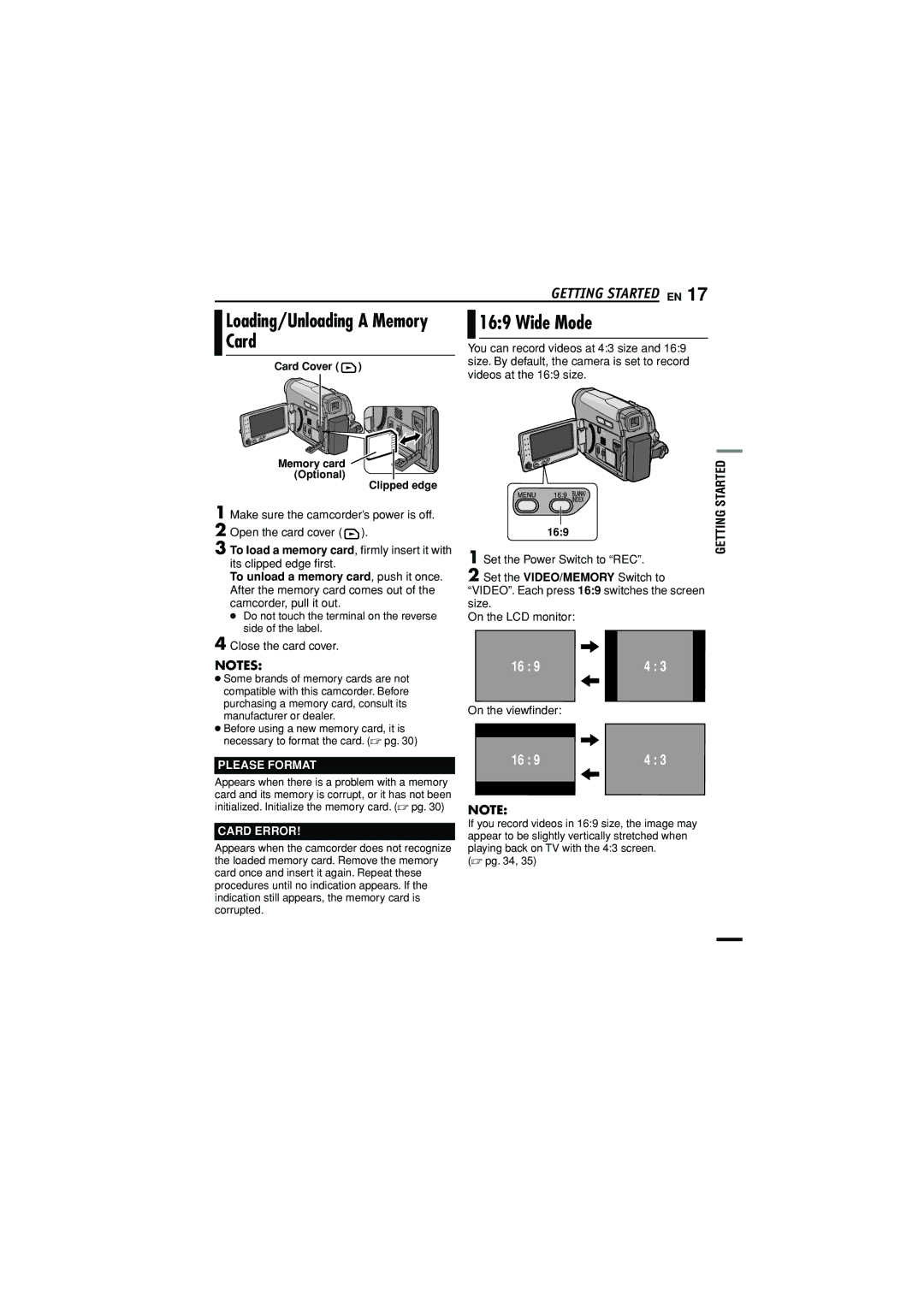 JVC GR-D790U manual Loading/Unloading a Memory Card, Wide Mode, Please Format, Card Error 