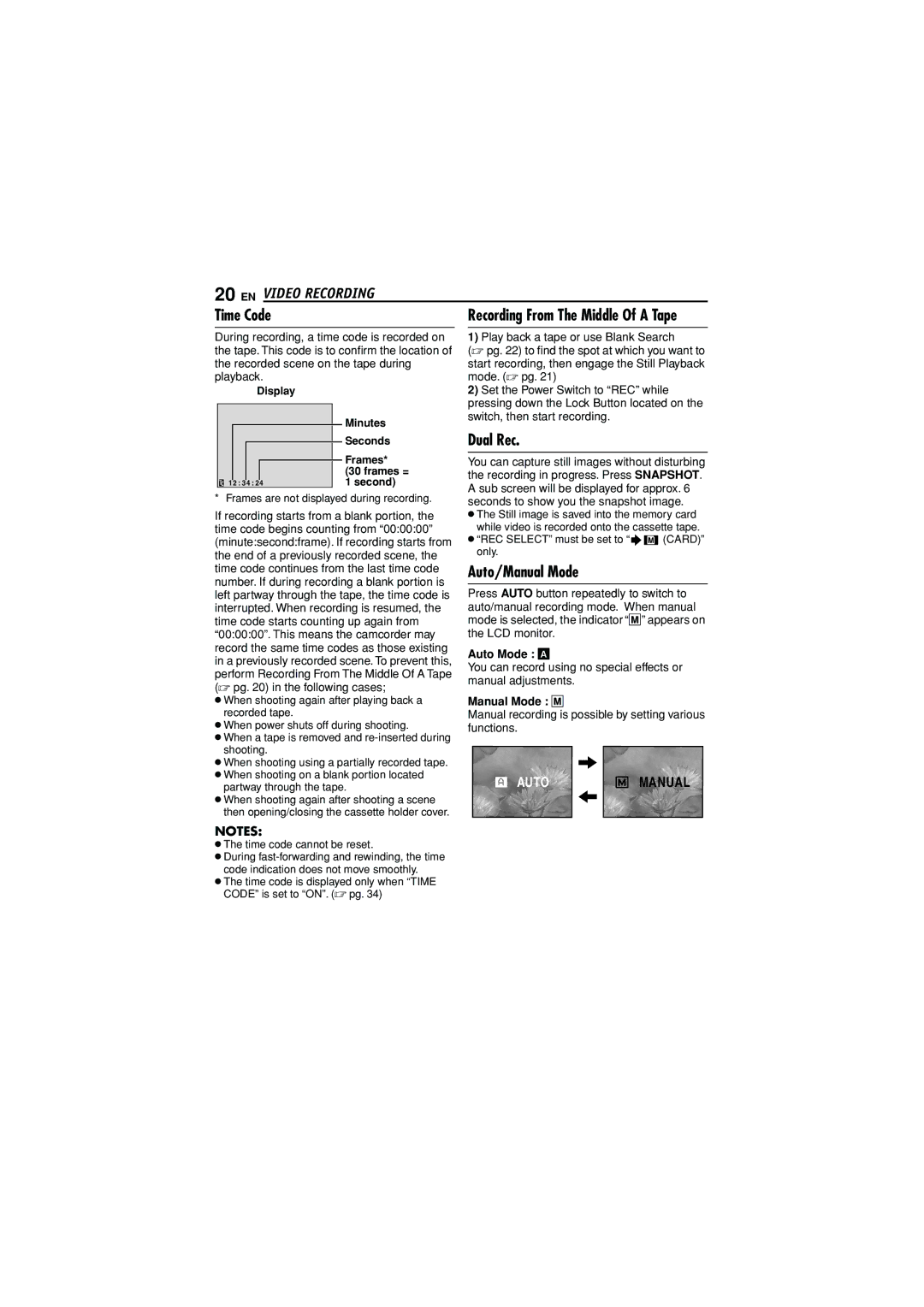 JVC GR-D790U manual Time Code, Auto/Manual Mode, Auto Mode a, Manual Mode M 