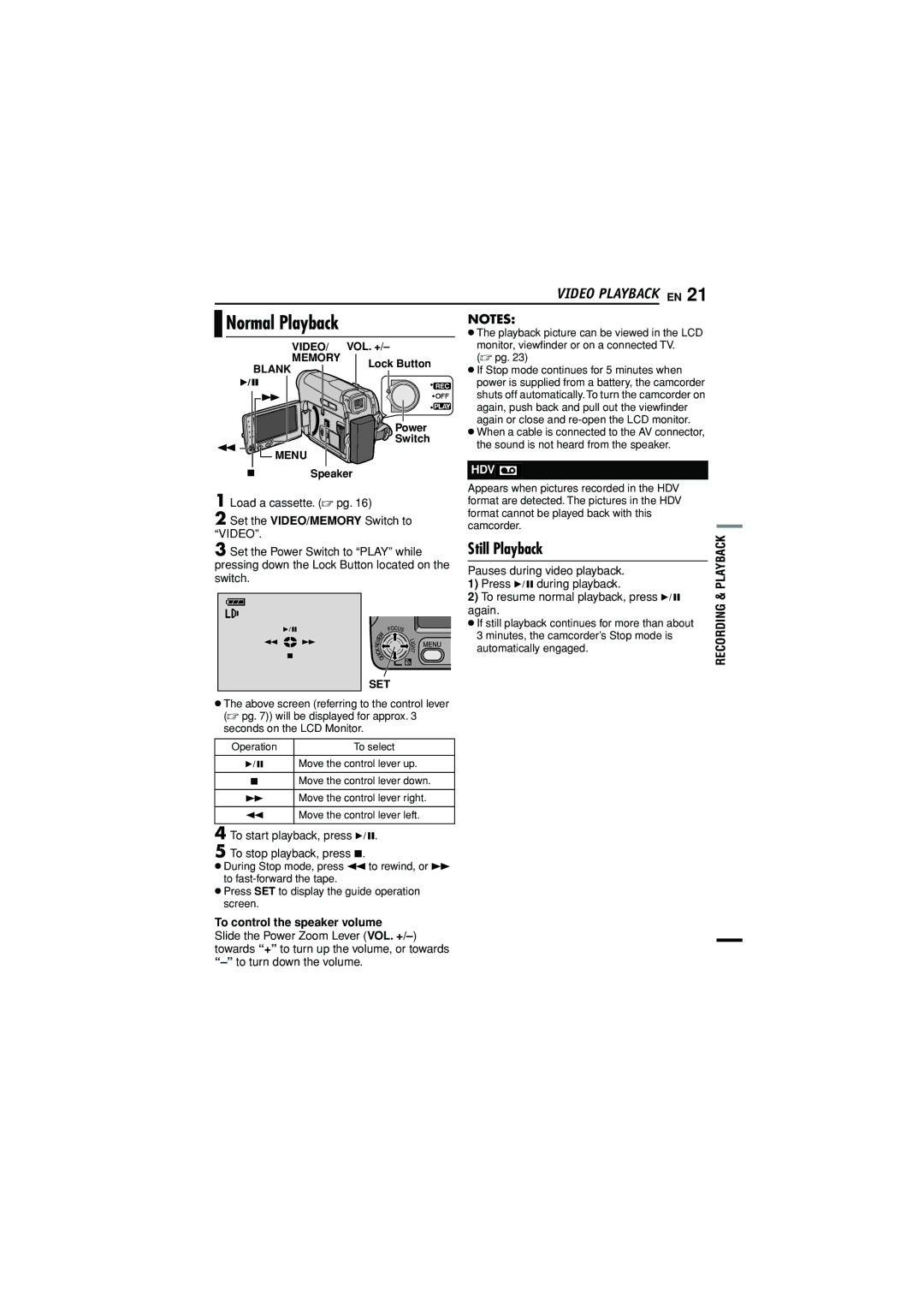 JVC GR-D790U manual Still Playback, Hdv, To control the speaker volume 