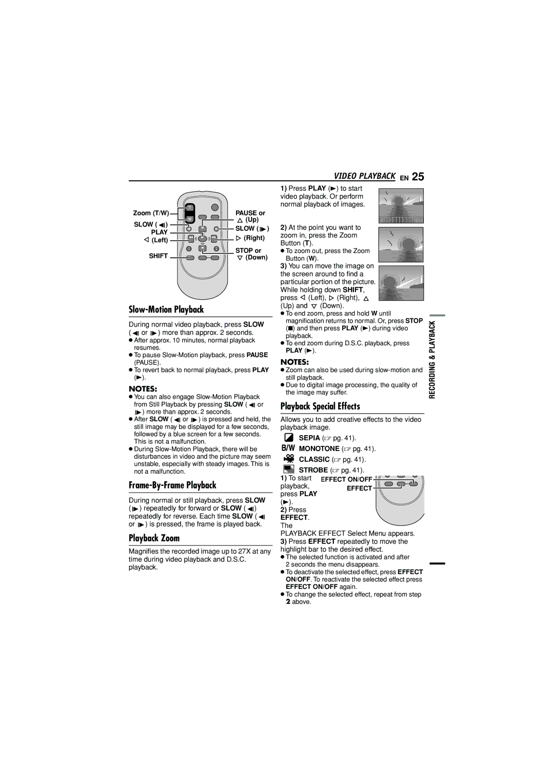 JVC GR-D790U manual Slow-Motion Playback, Playback Special Effects, Frame-By-Frame Playback, Playback Zoom 