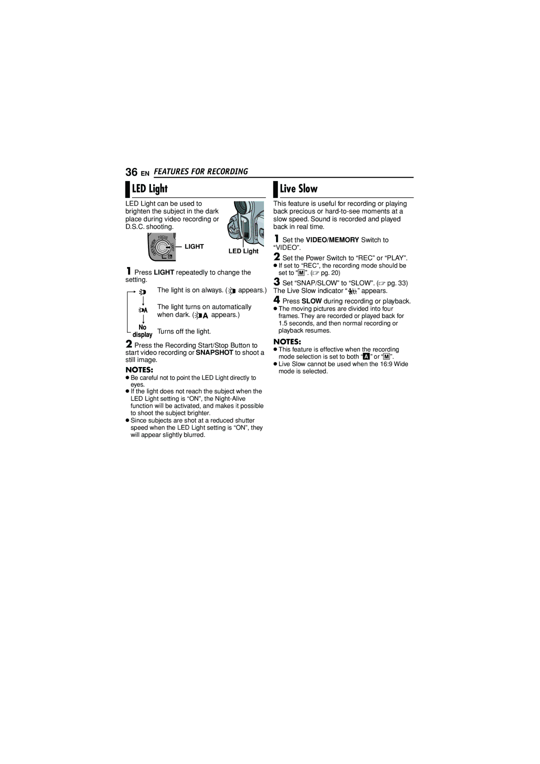 JVC GR-D790U manual LED Light, EN Features for Recording, Press Slow during recording or playback 