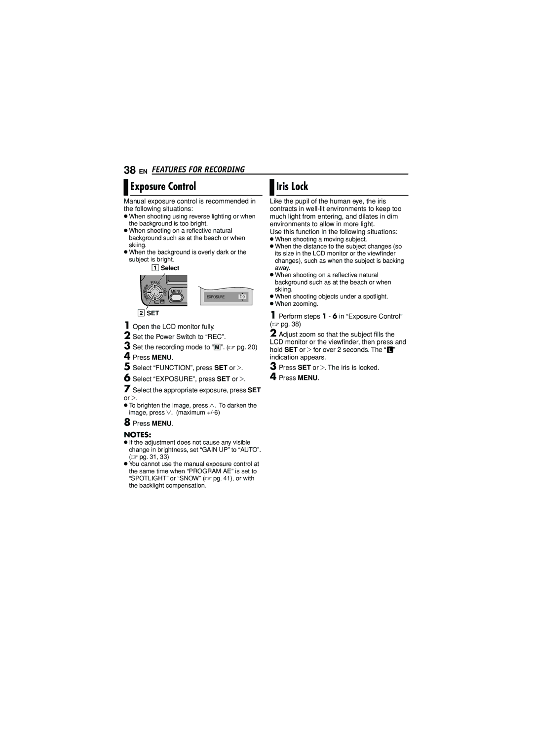 JVC GR-D790U manual Exposure Control Iris Lock, Use this function in the following situations 