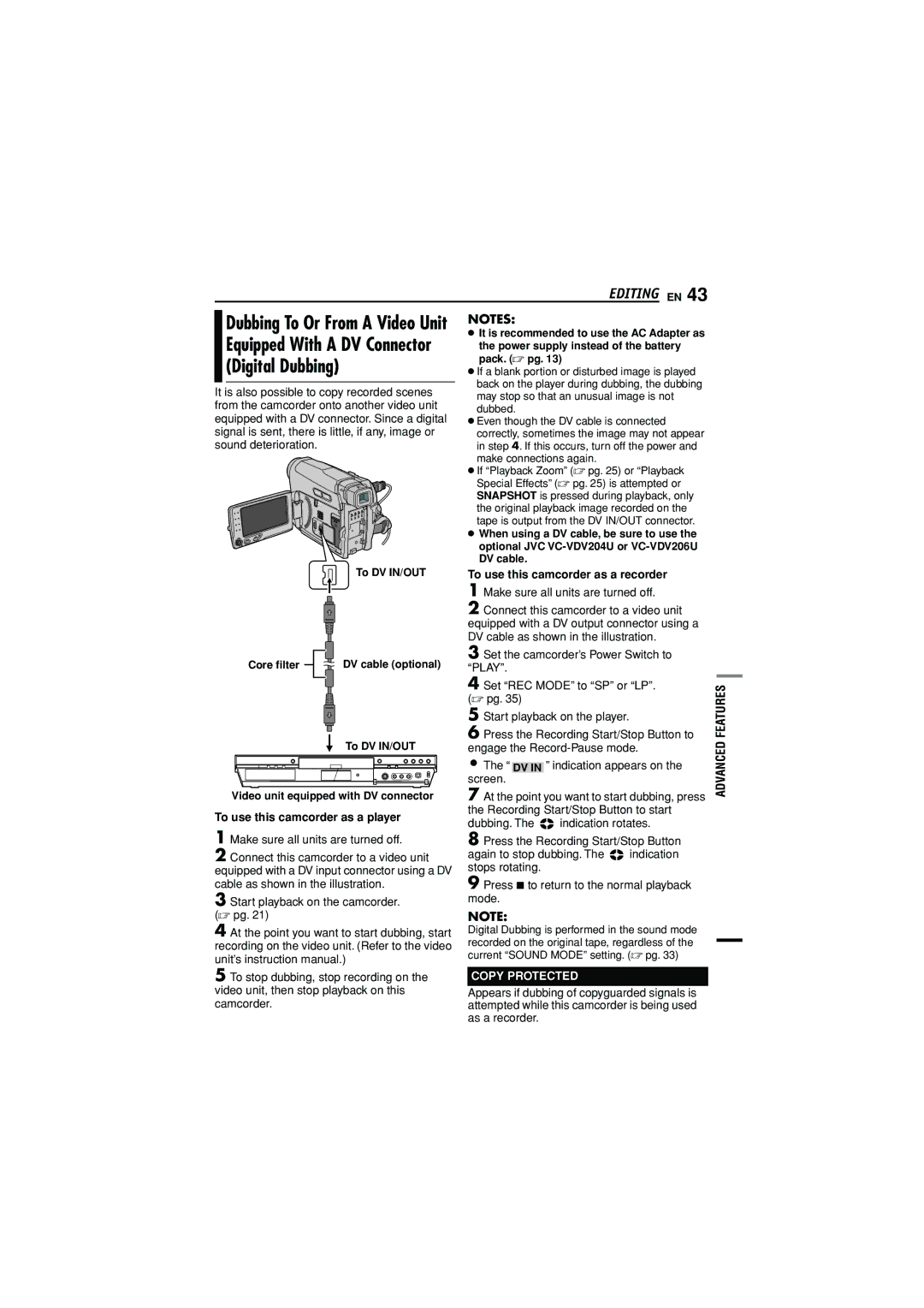 JVC GR-D790U manual Digital Dubbing, Equipped With a DV Connector, To use this camcorder as a recorder, Copy Protected 