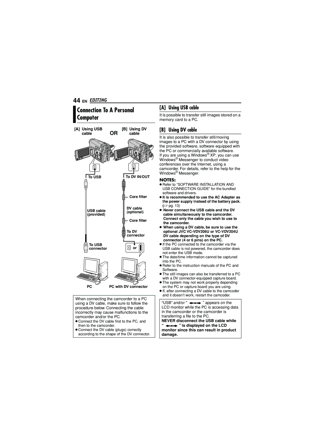 JVC GR-D790U manual Computer, EN Editing, Using USB cable, Using DV cable 