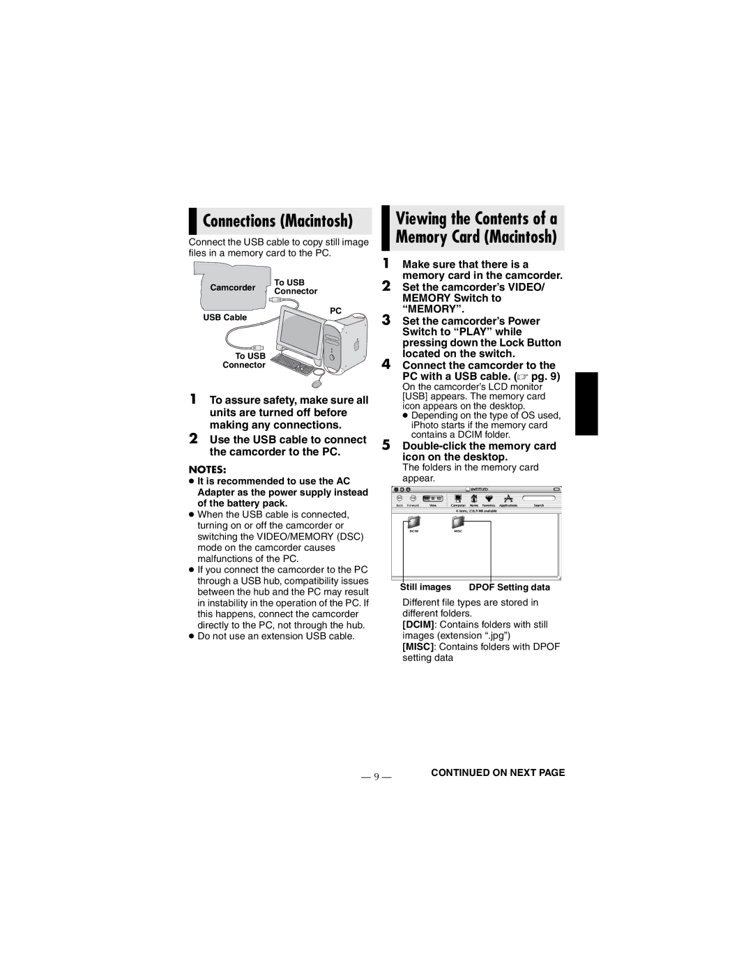 JVC GR-D790U manual Connections Macintosh, Viewing the Contents of a Memory Card Macintosh 