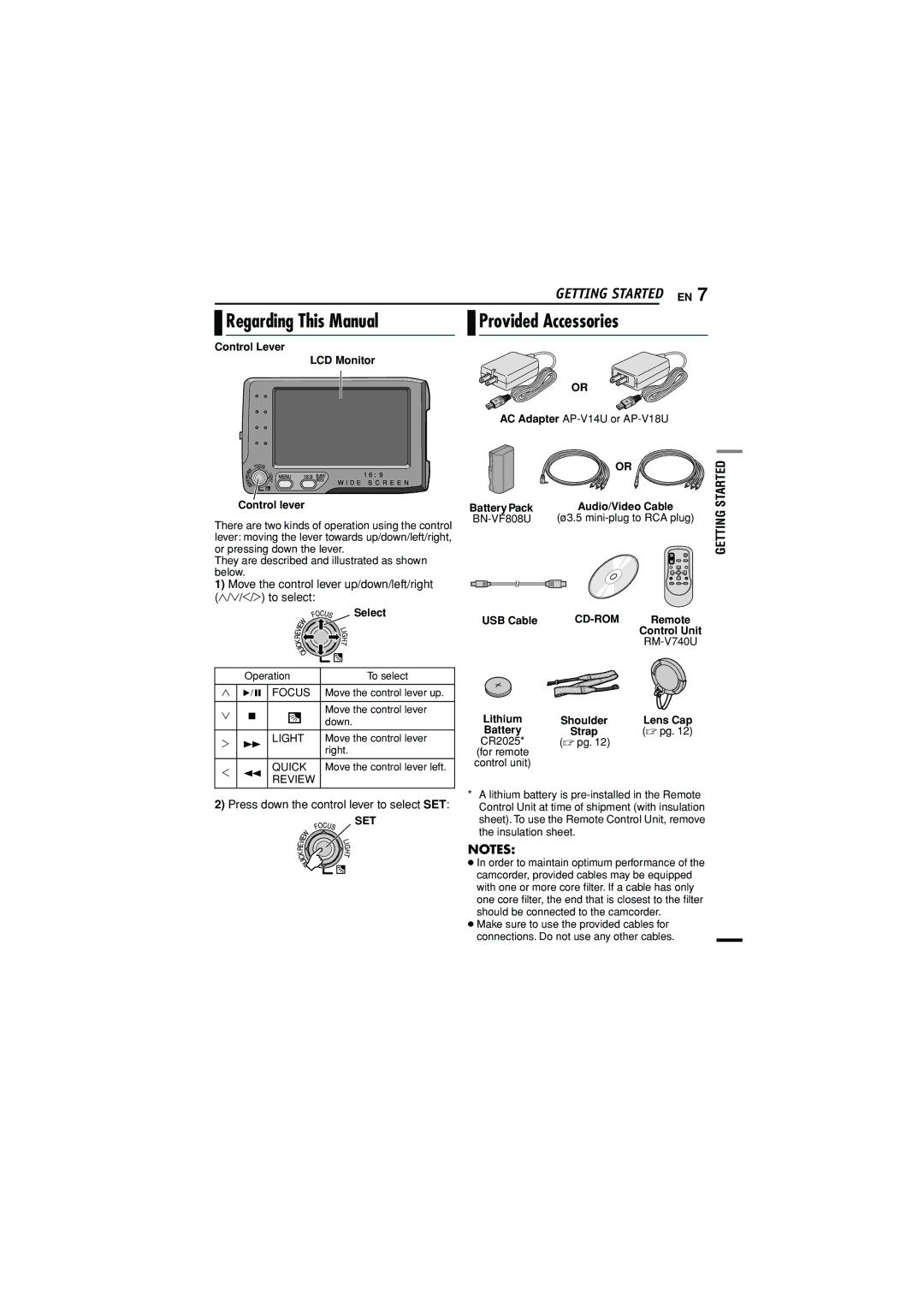 JVC GR-D790U Regarding This Manual, Provided Accessories, Getting Started EN, Press down the control lever to select SET 