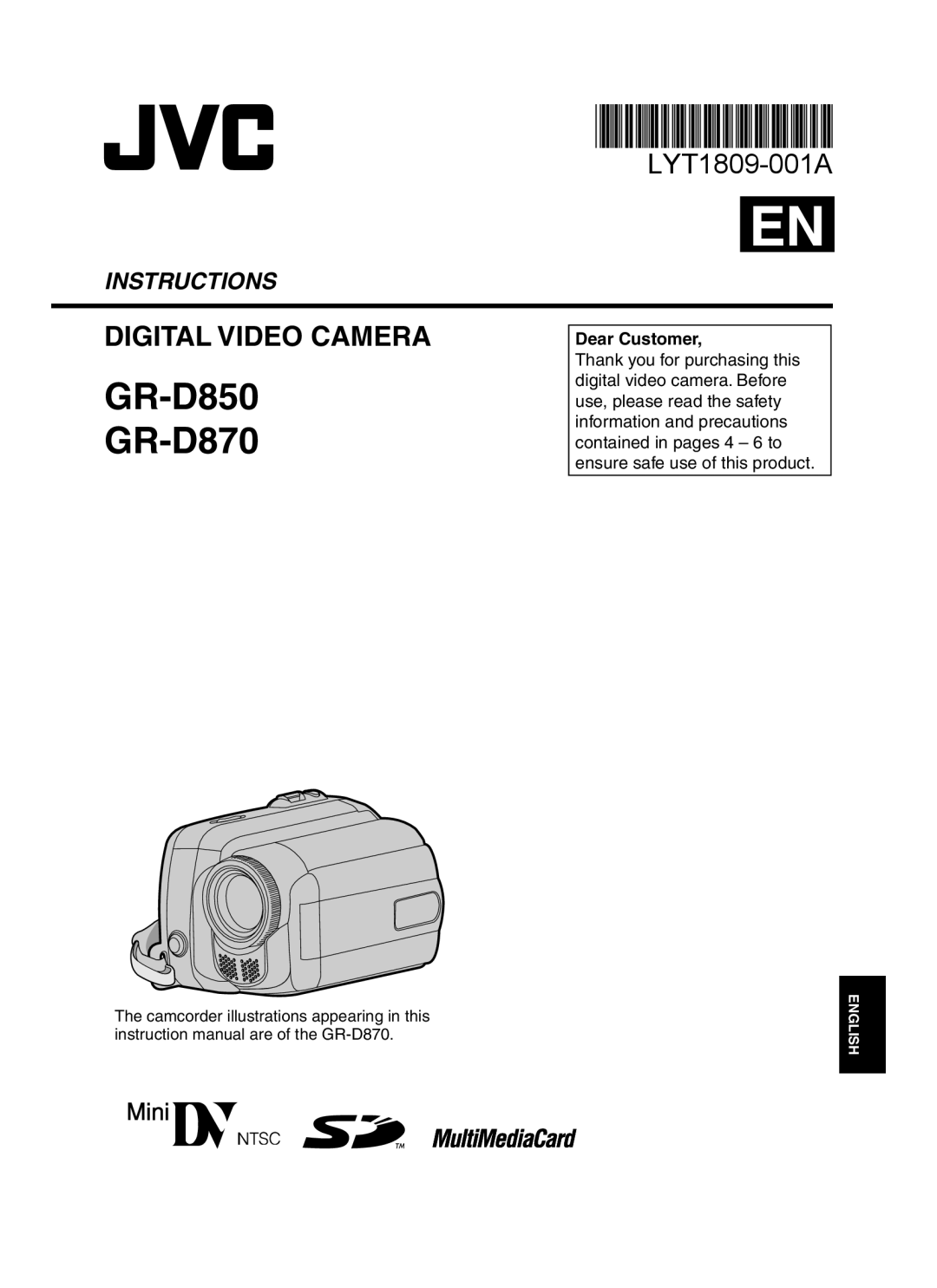 JVC GR-D850 GR-D870 instruction manual Dear Customer 