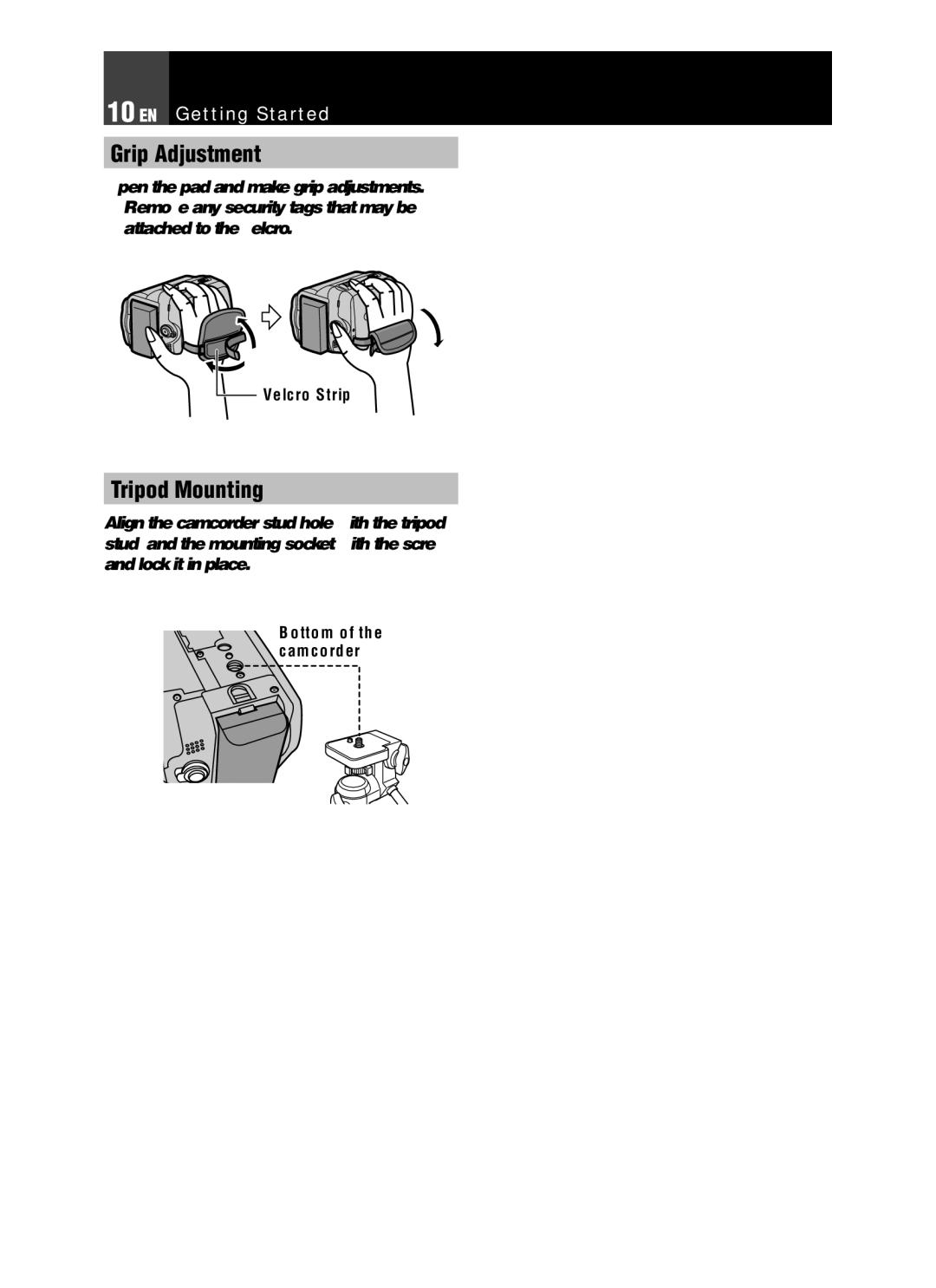 JVC GR-D850 GR-D870 instruction manual Grip Adjustment, Tripod Mounting, Velcro Strip 
