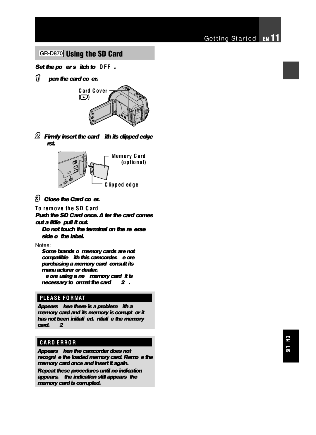 JVC GR-D850 GR-D870 instruction manual Using the SD Card, Getting Started EN, To remove the SD Card 