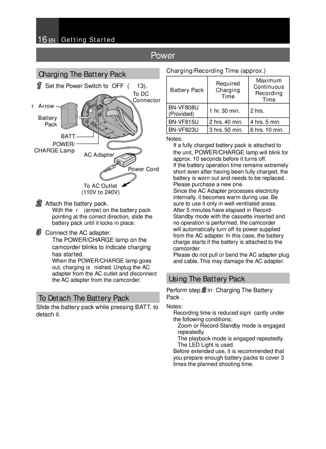 JVC GR-D850 GR-D870 instruction manual Power, Charging The Battery Pack, To Detach The Battery Pack, Using The Battery Pack 