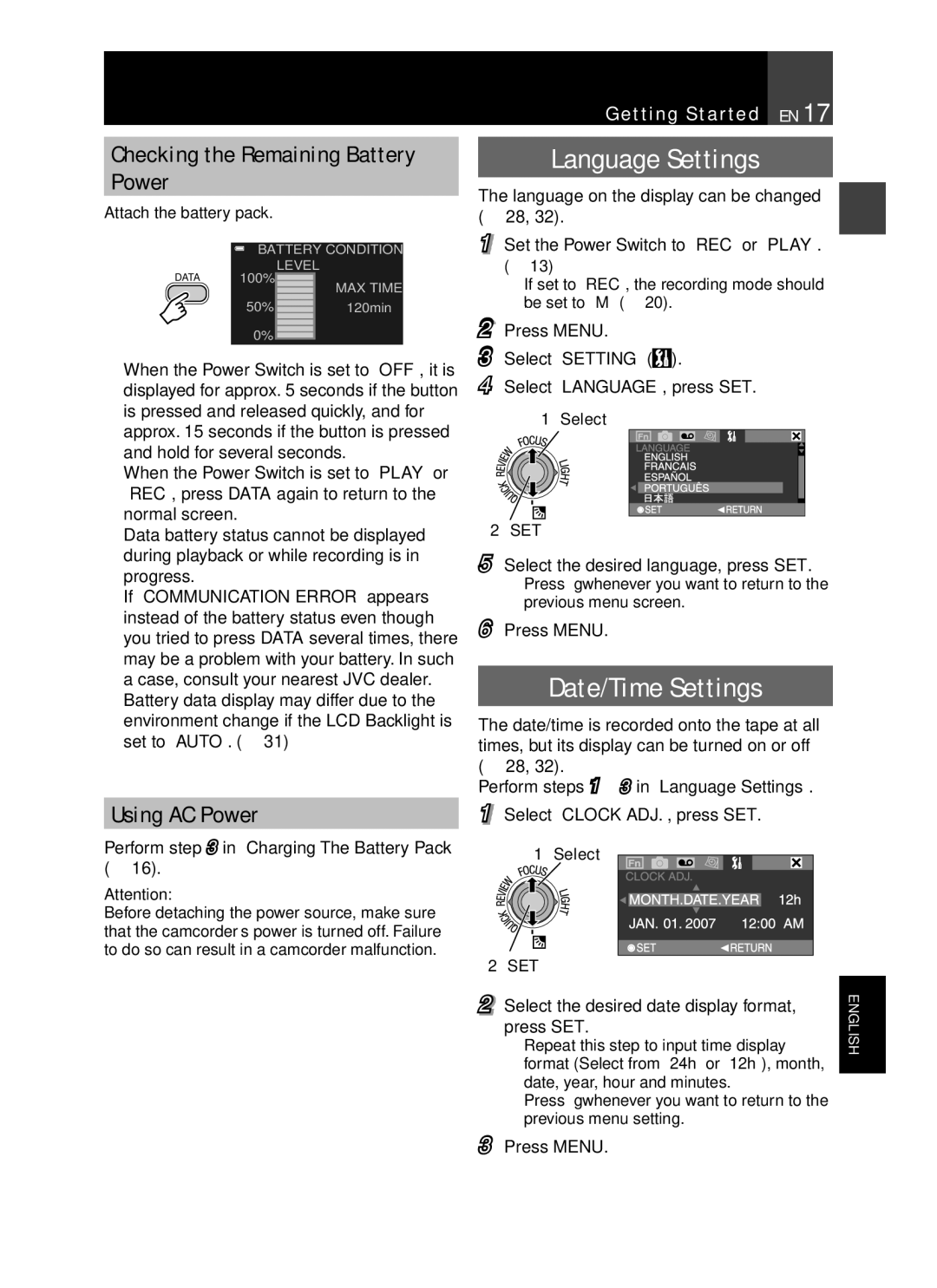 JVC GR-D850 GR-D870 Language Settings, Date/Time Settings, Checking the Remaining Battery Power, Using AC Power 