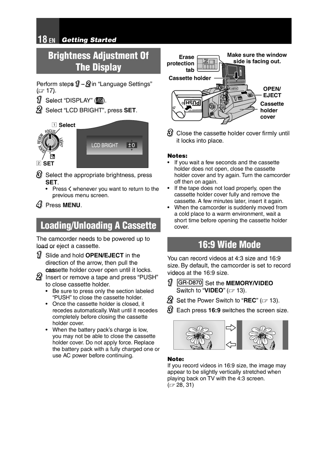 JVC GR-D850 GR-D870 Brightness Adjustment Display, Wide Mode, Select the appropriate brightness, press SET 