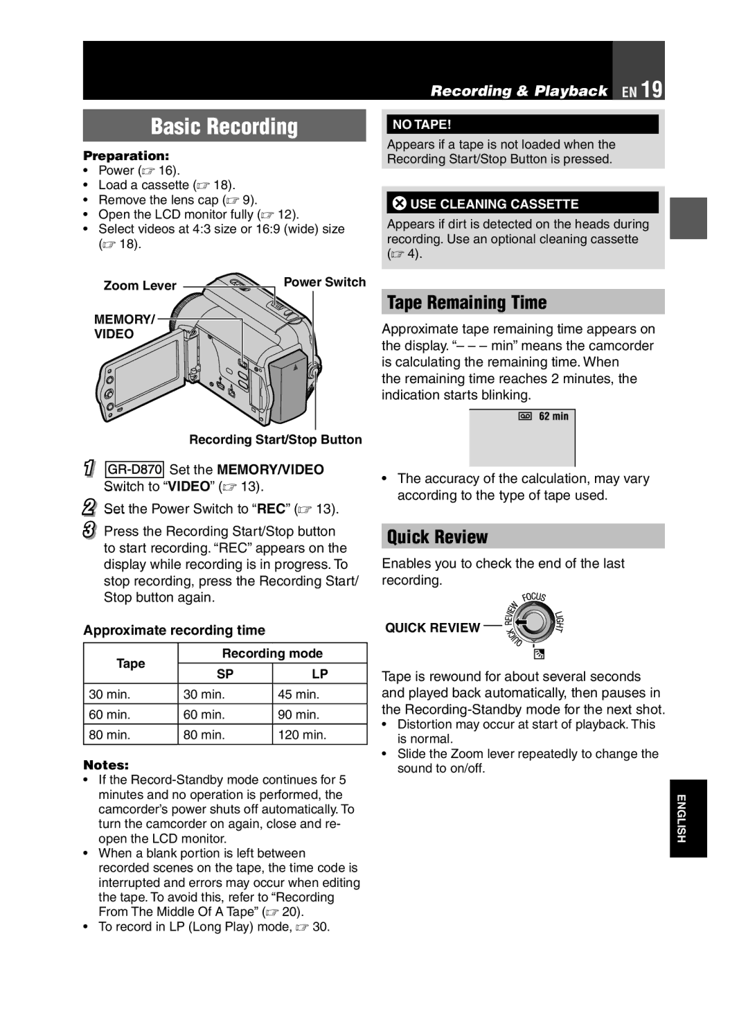 JVC GR-D850 GR-D870 instruction manual Basic Recording, Tape Remaining Time, Quick Review, Recording & Playback EN 