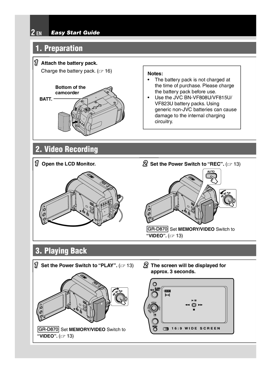 JVC GR-D850 GR-D870 instruction manual Preparation, Video Recording, Playing Back, EN Easy Start Guide 