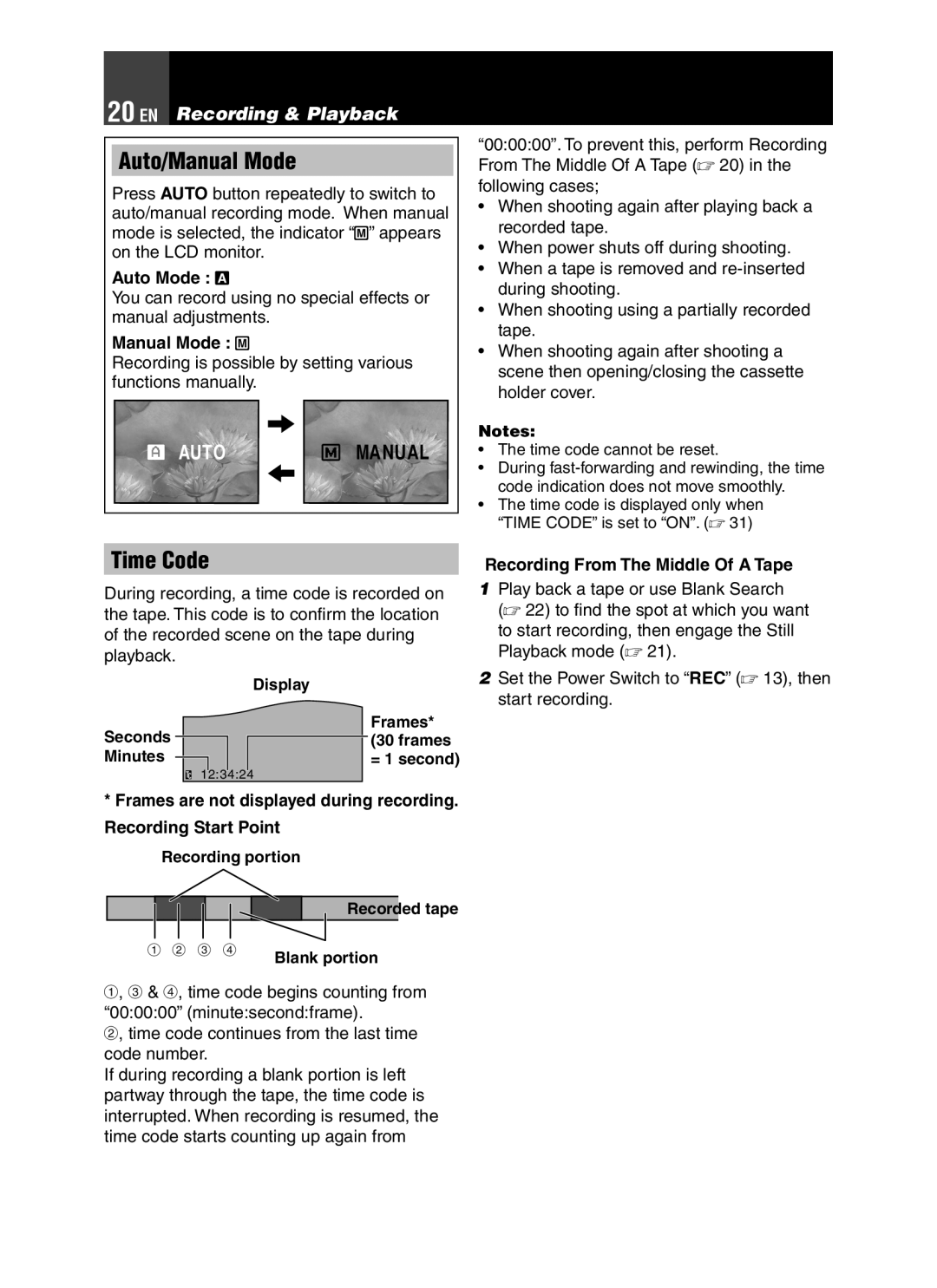 JVC GR-D850 GR-D870 instruction manual Auto/Manual Mode, Time Code, EN Recording & Playback 