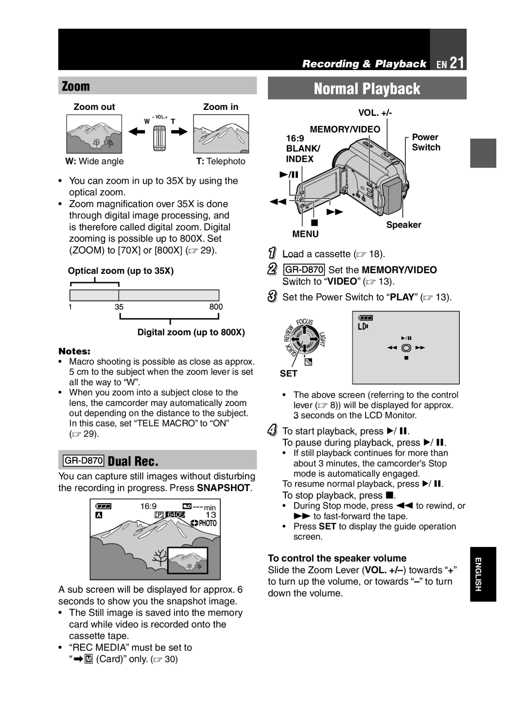 JVC GR-D850 GR-D870 instruction manual Normal Playback, Zoom, Dual Rec, To control the speaker volume 