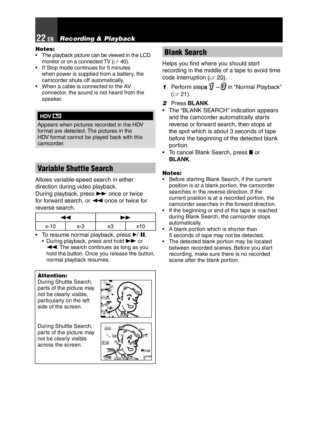 JVC GR-D850 GR-D870 instruction manual Variable Shuttle Search, Blank Search, To resume normal playback, press U, Hdv 