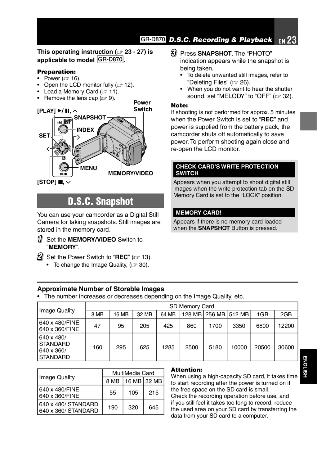 JVC GR-D850 GR-D870 C. Snapshot, C. Recording & Playback EN, This operating instruction  23 27 is Applicable to model 