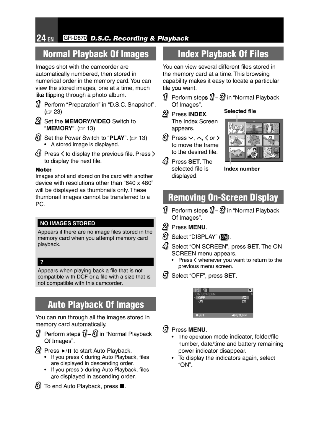 JVC GR-D850 GR-D870 instruction manual 24 EN, Index Playback Of Files, Auto Playback Of Images, Removing On-Screen Display 