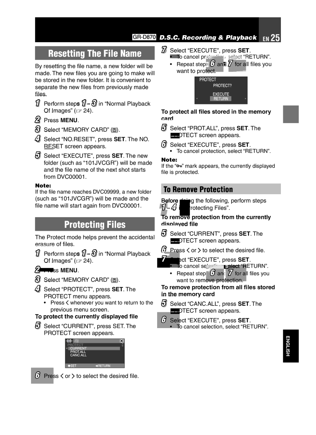 JVC GR-D850 GR-D870 instruction manual Resetting The File Name, Protecting Files, To Remove Protection 