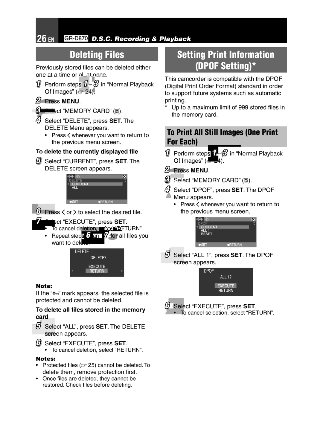 JVC GR-D850 GR-D870 instruction manual 26 EN, Deleting Files, Setting Print Information Dpof Setting 