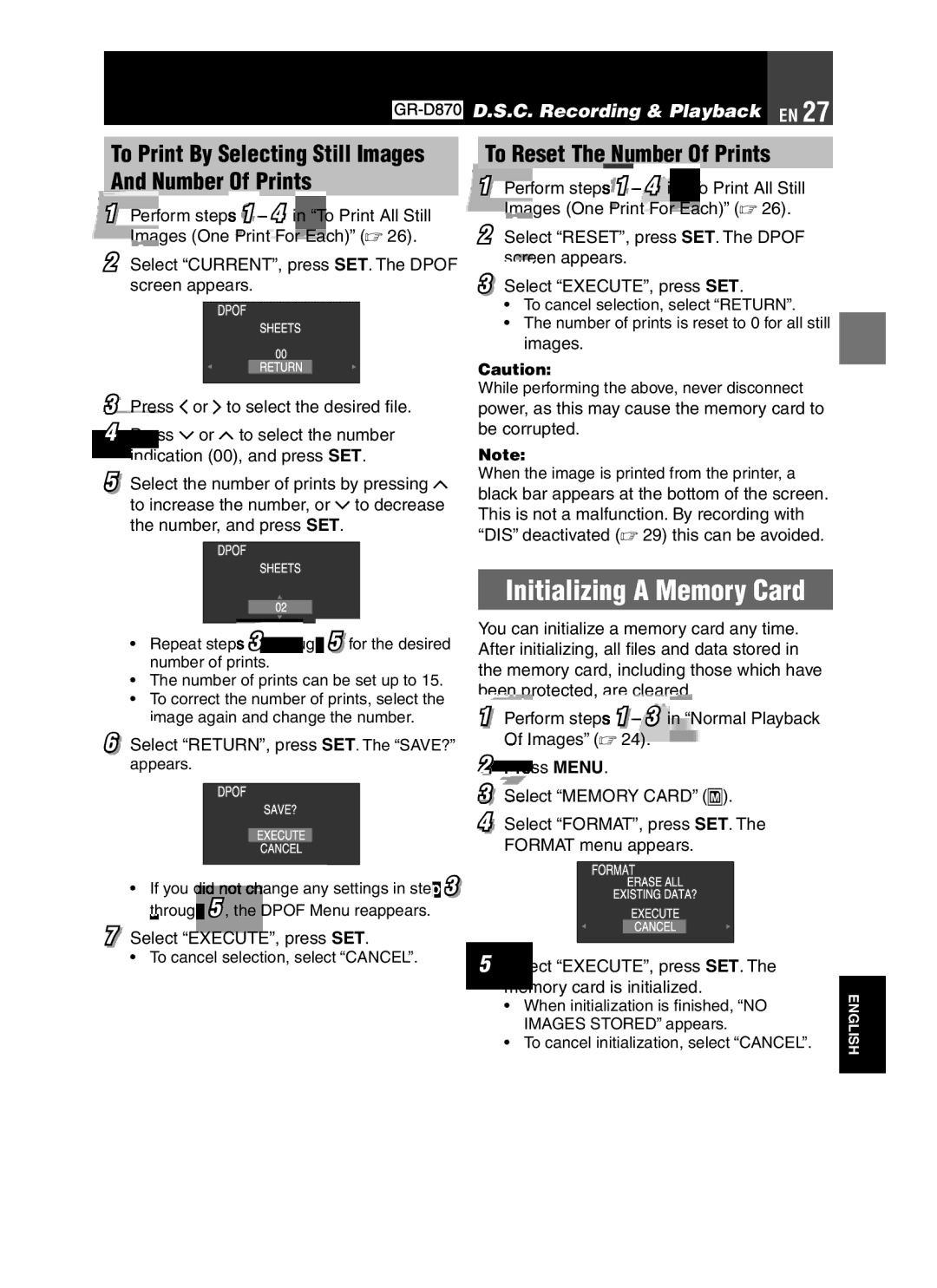 JVC GR-D850 GR-D870 instruction manual Initializing a Memory Card, To Reset The Number Of Prints 