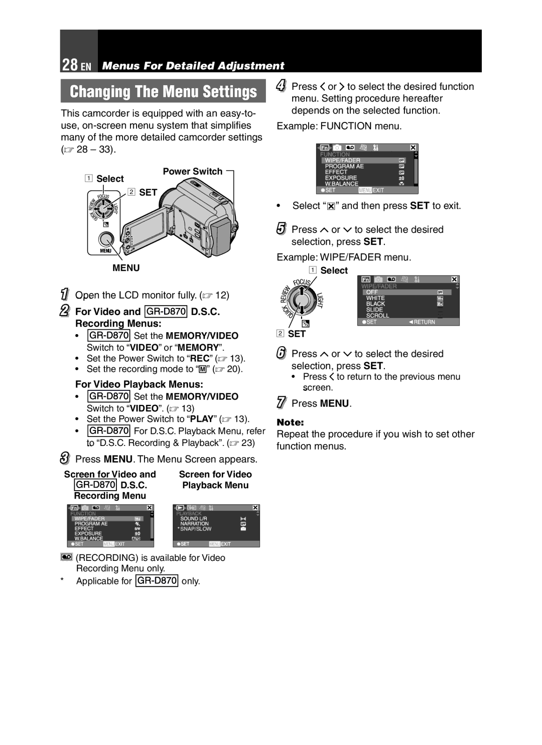 JVC GR-D850 GR-D870 EN Menus For Detailed Adjustment, Open the LCD monitor fully. , For Video and D.S.C. Recording Menus 