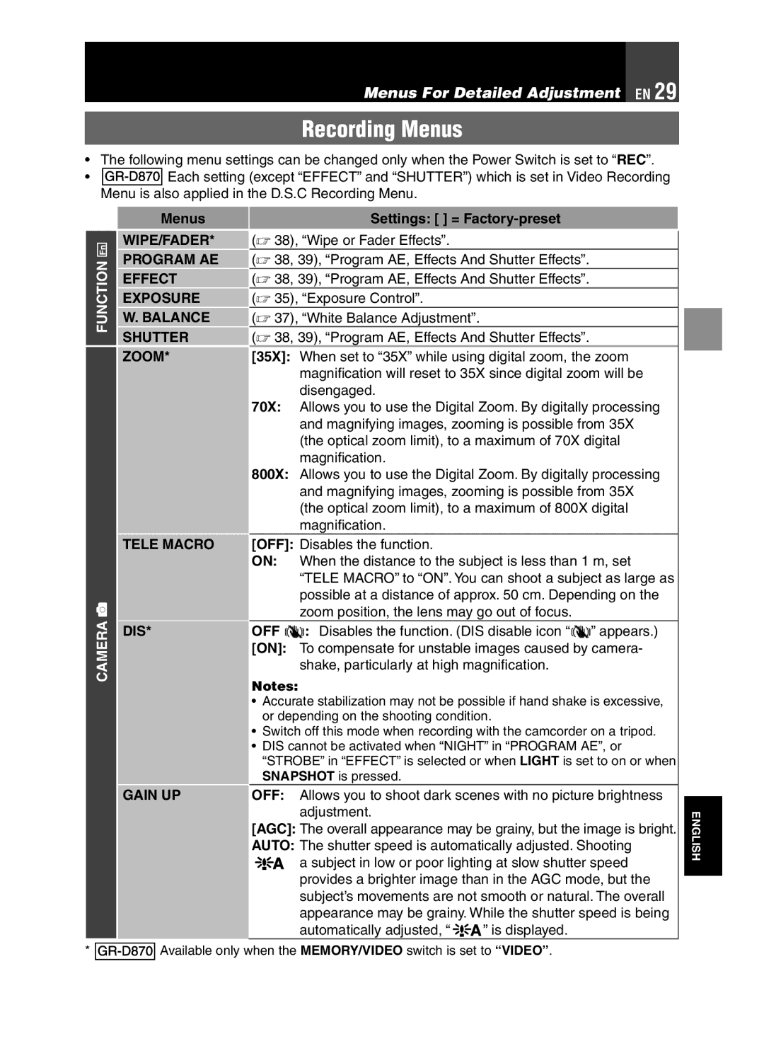 JVC GR-D850 GR-D870 instruction manual Recording Menus, Menus For Detailed Adjustment EN 