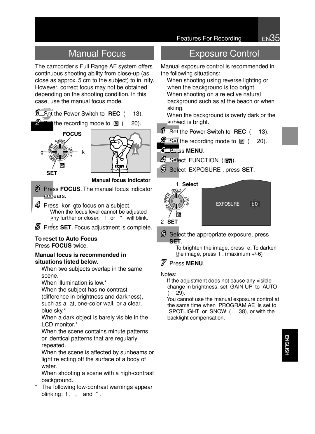 JVC GR-D850 GR-D870 instruction manual Manual Focus, Exposure Control, Features For Recording EN, To reset to Auto Focus 