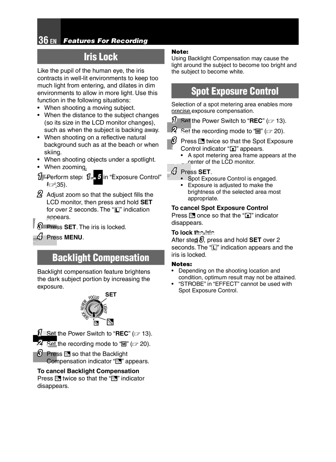 JVC GR-D850 GR-D870 instruction manual Iris Lock, Backlight Compensation, Spot Exposure Control 