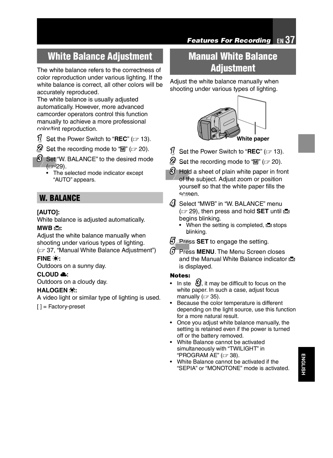 JVC GR-D850 GR-D870 instruction manual Manual White Balance Adjustment 