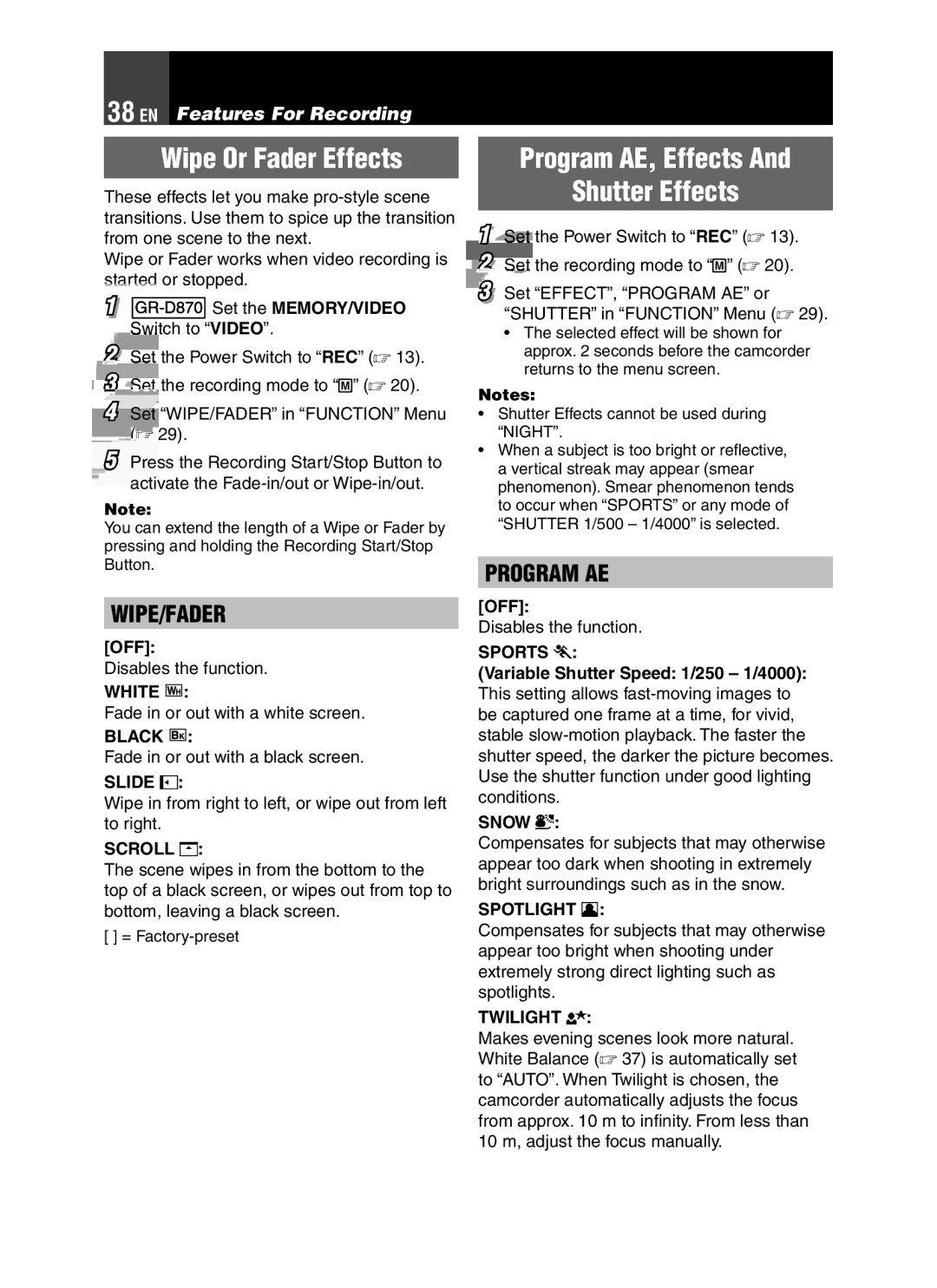 JVC GR-D850 GR-D870 instruction manual Wipe Or Fader Effects, Program AE, Effects Shutter Effects 