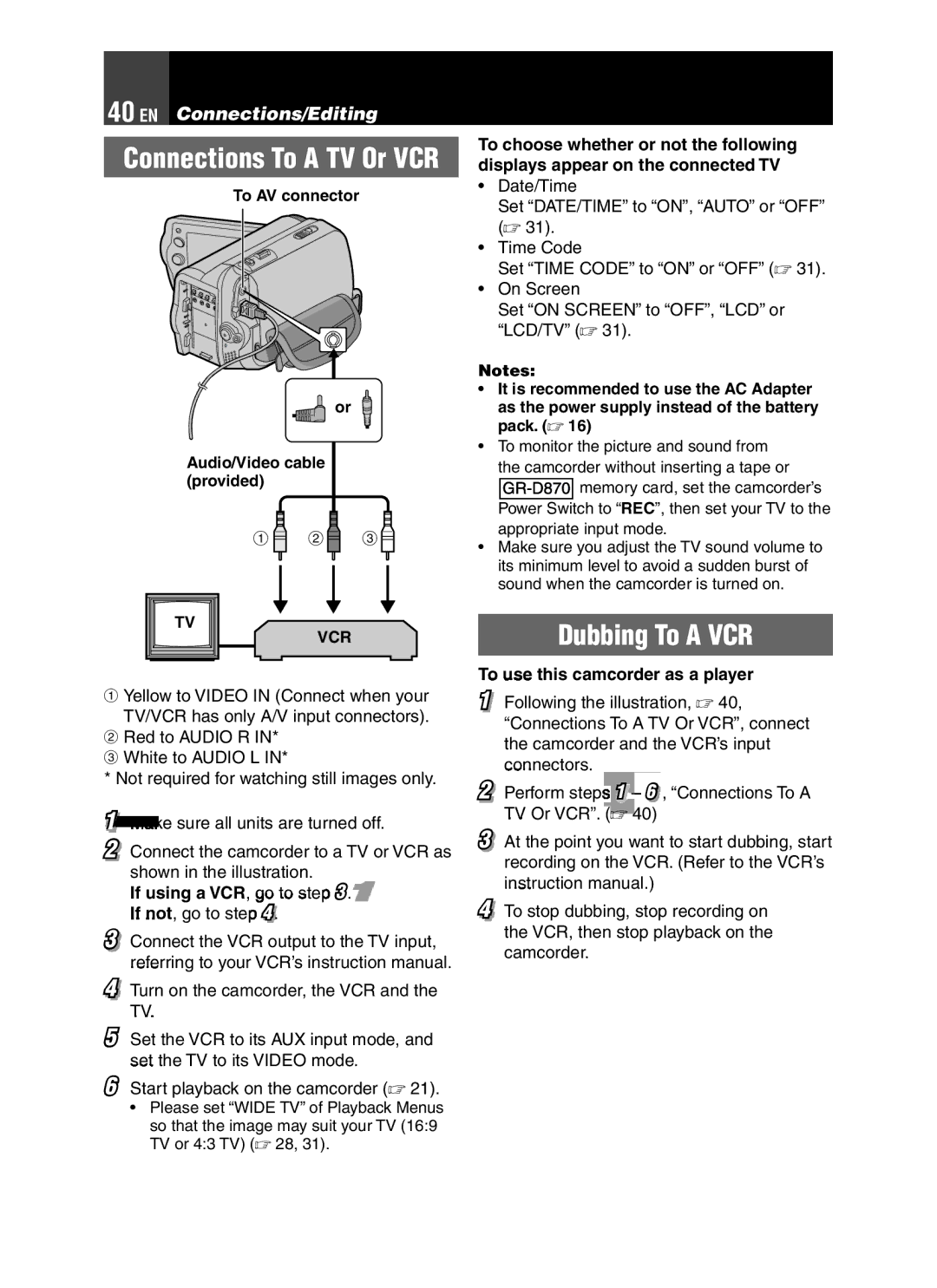 JVC GR-D850 GR-D870 instruction manual Dubbing To a VCR, EN Connections/Editing, If using a VCR, go to . If not, go to step 