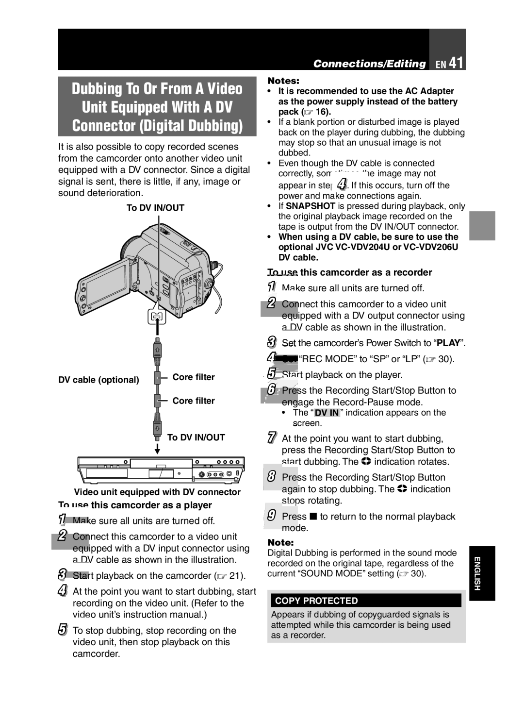 JVC GR-D850 GR-D870 instruction manual Unit Equipped With a DV, Connections/Editing EN, To use this camcorder as a recorder 